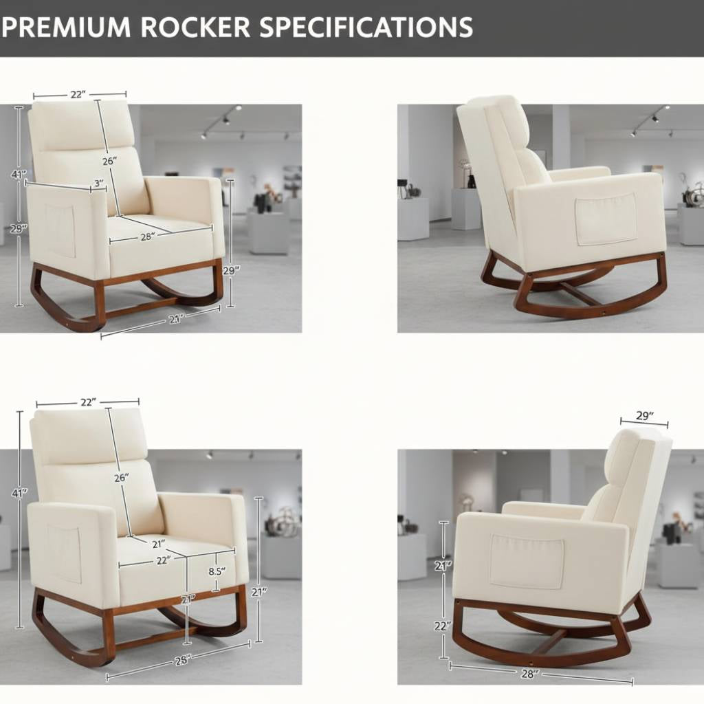 Scandinavian-rustic cream Adirondack rocker with a side storage pocket; the wooden base and light fabric complement the bright, airy room.