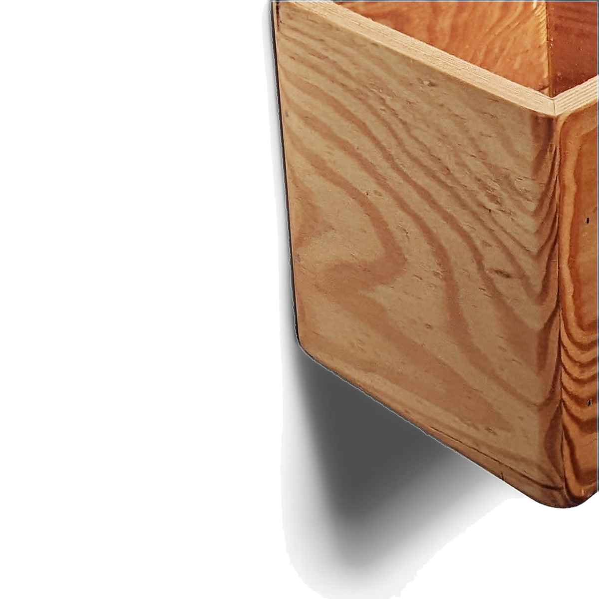 Corner-down wall mount of the wooden planter with its cast shadow (close-up detail)