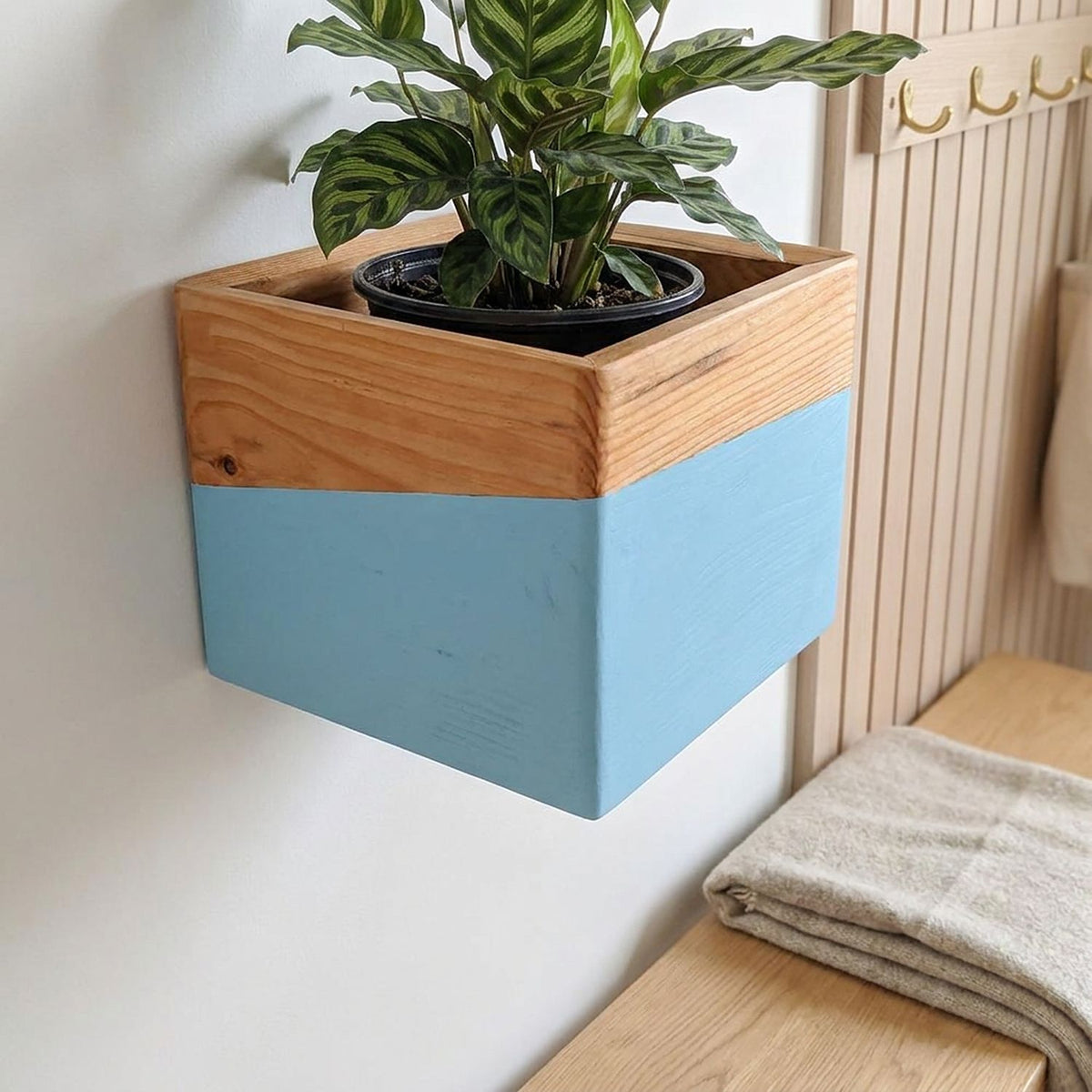 Close view of the blue-banded wooden wall planter in the same entryway
