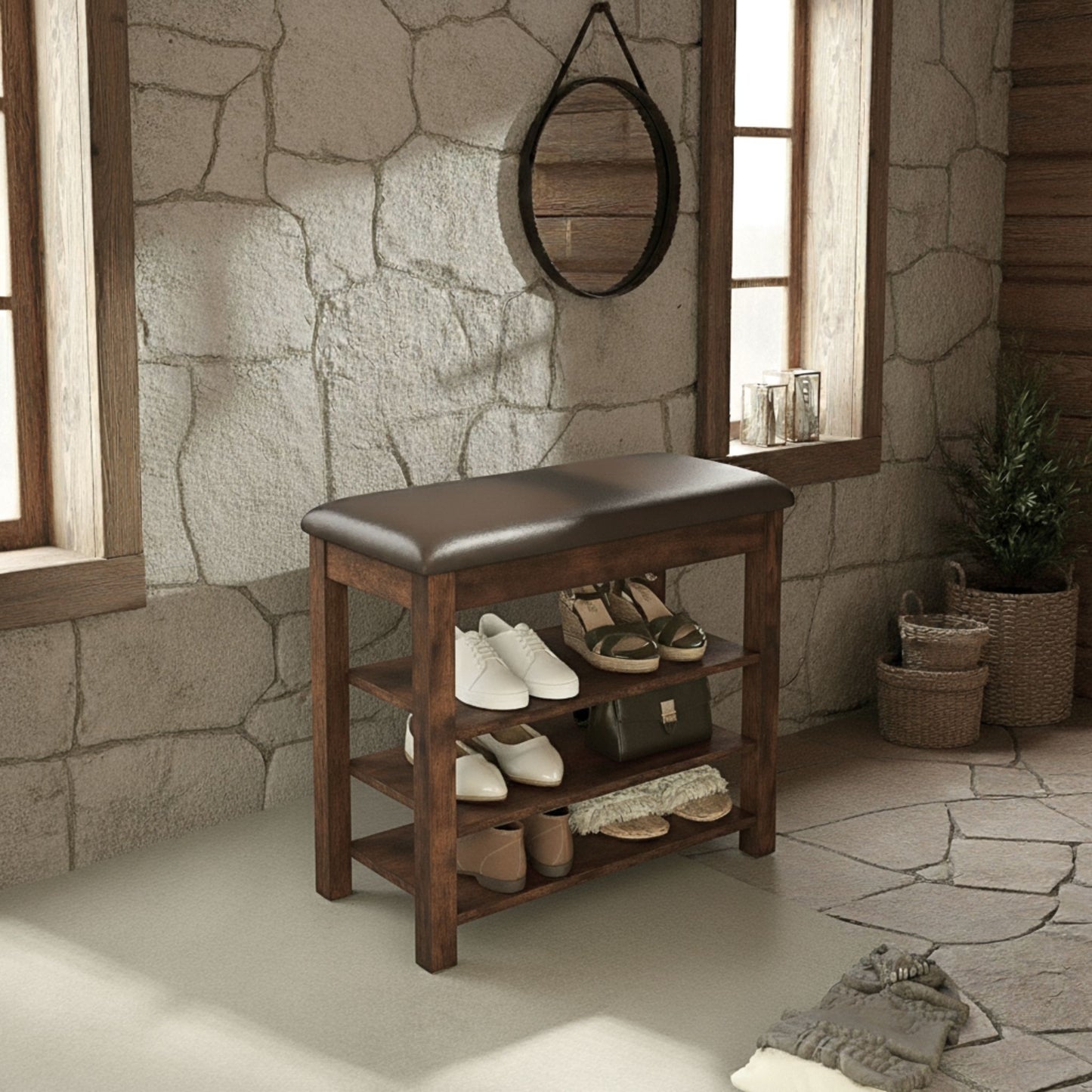 Wooden shoe bench with shoes underneath against a stone wall.