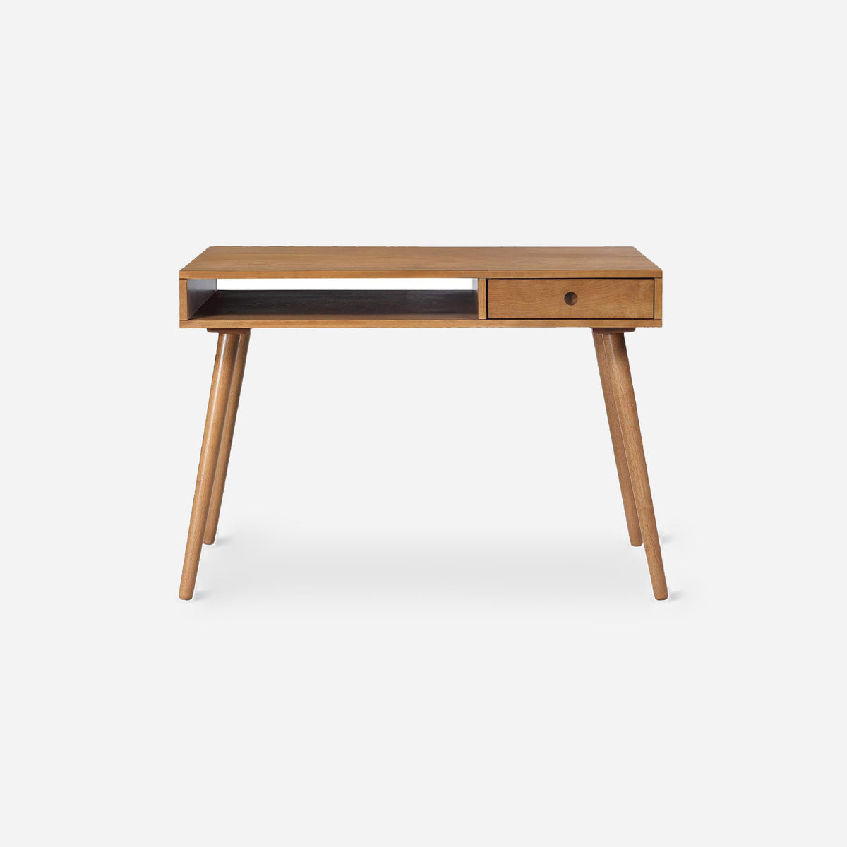 Small walnut desk with an open cubby and one drawer on splayed rubberwood legs, straight front view