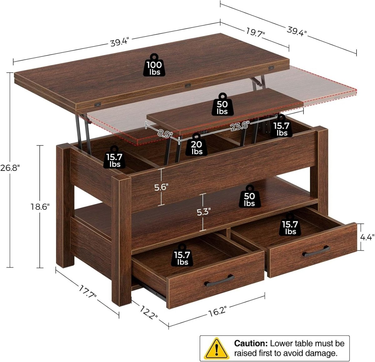 Solid Wood Lift Top Coffee Table With Split Lift
