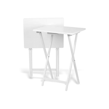 Set of 2 white folding TV tray tables with a wood finish and sturdy cross-legged frames; portable snack and laptop tables for living room use.