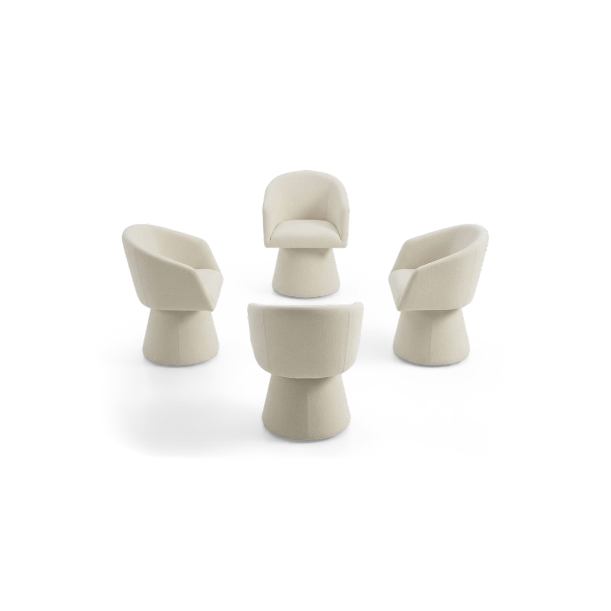 Swivel barrel chair set turned at an angle on a plain #f3f3f3 studio ground