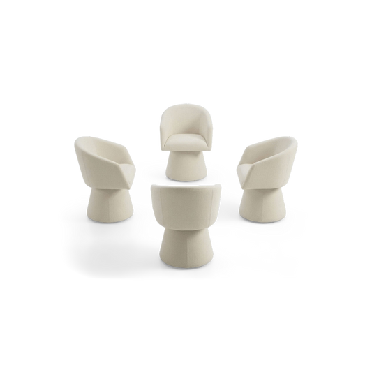 Swivel barrel chair set turned at an angle on a plain #f3f3f3 studio ground