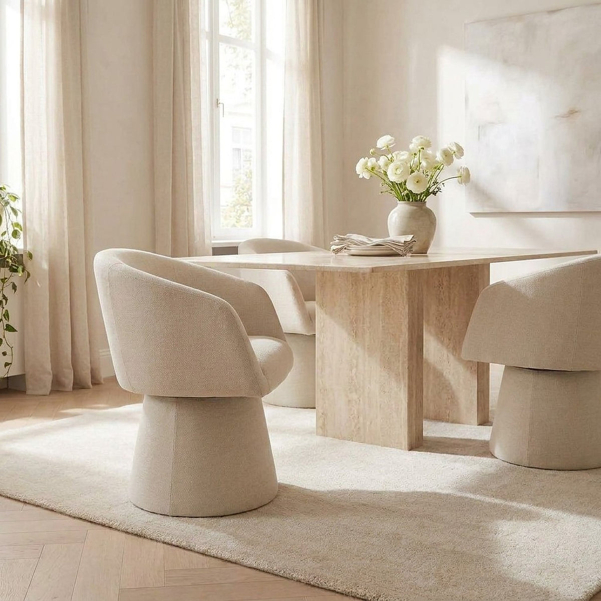Low side view of a cream swivel chair in a bright dining room