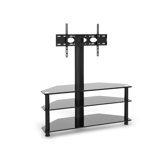 Height-adjustable swivel TV stand with three tempered glass shelves and 45° swivel for 32–65 in TVs.