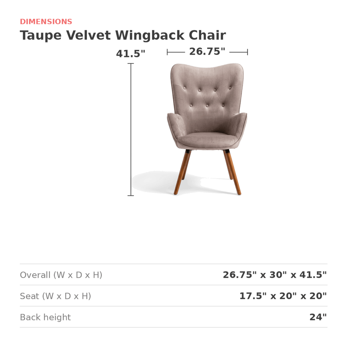 Taupe velvet wingback chair dimensions 26.75 by 30 by 41.5 inches (dimensions)