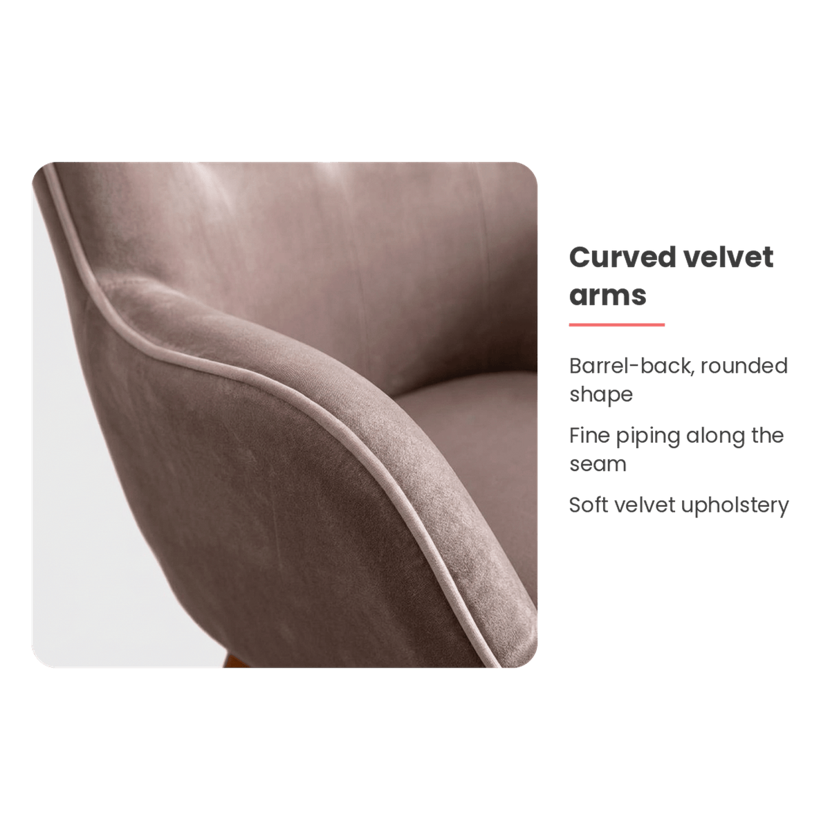 Taupe velvet wingback chair armrest spec card (feature callout)
