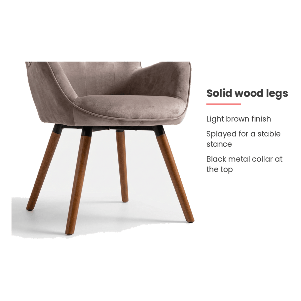 Taupe velvet wingback chair walnut legs spec card (feature callout)