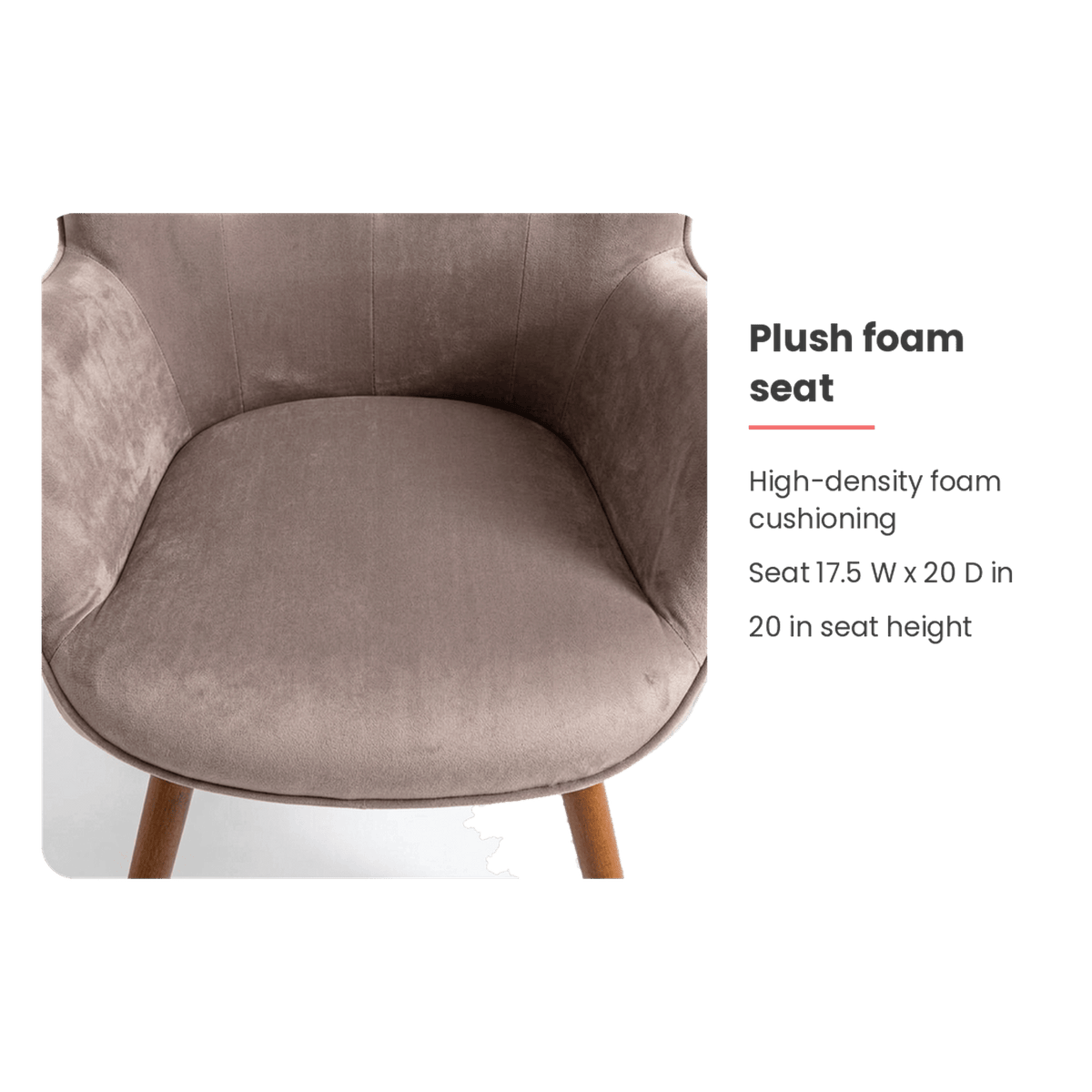 Taupe velvet wingback chair seat spec card (feature callout)