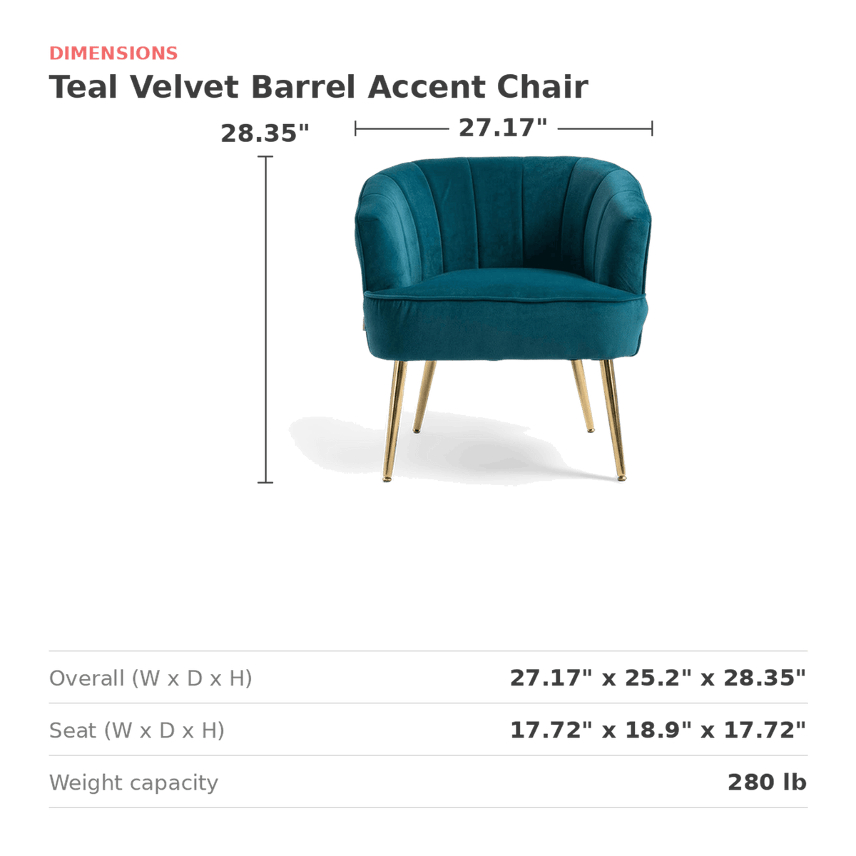 Teal velvet barrel accent chair dimensions 27.17 by 25.2 by 28.35 inches (dimensions)