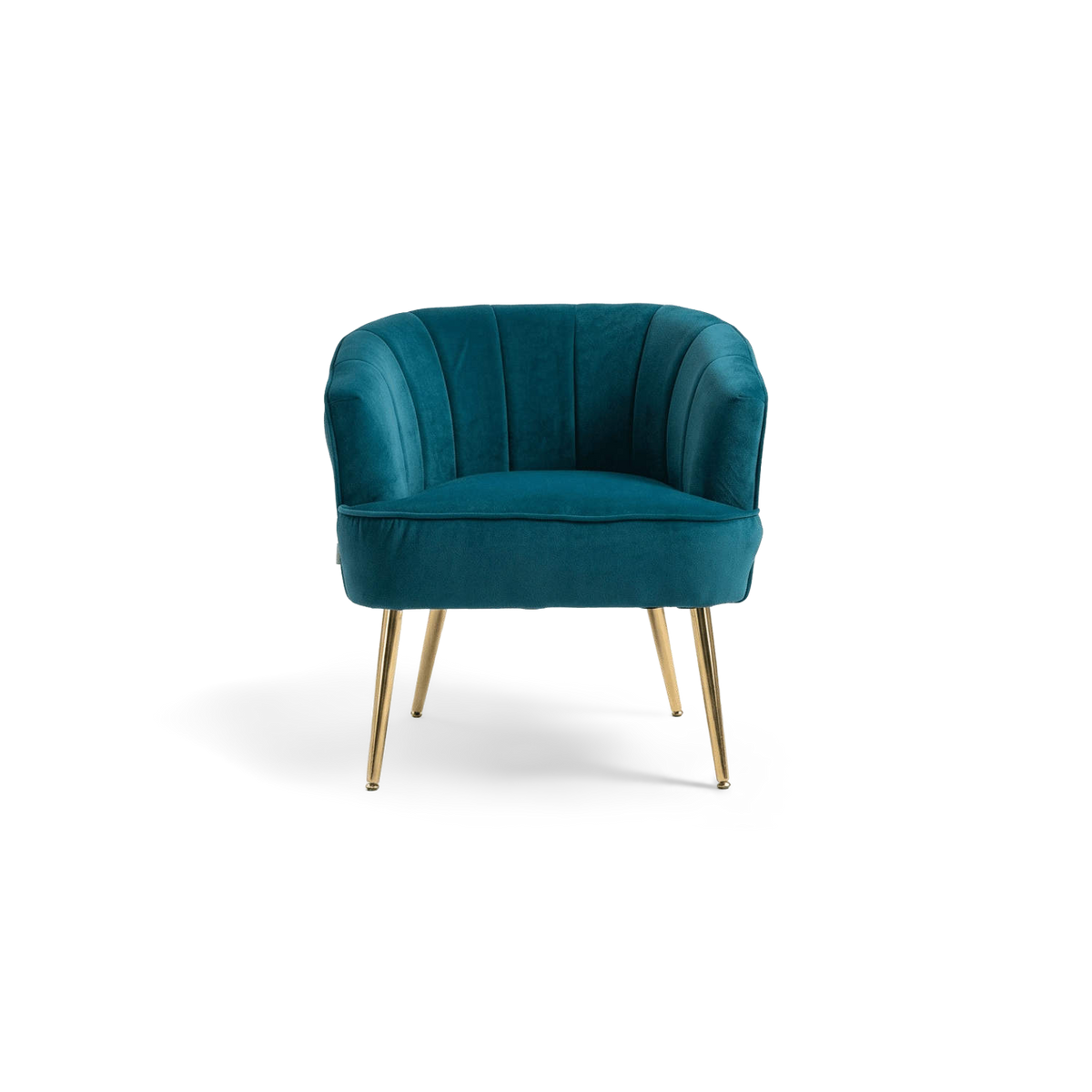 Teal velvet barrel accent chair with gold metal legs, front view (plain studio)