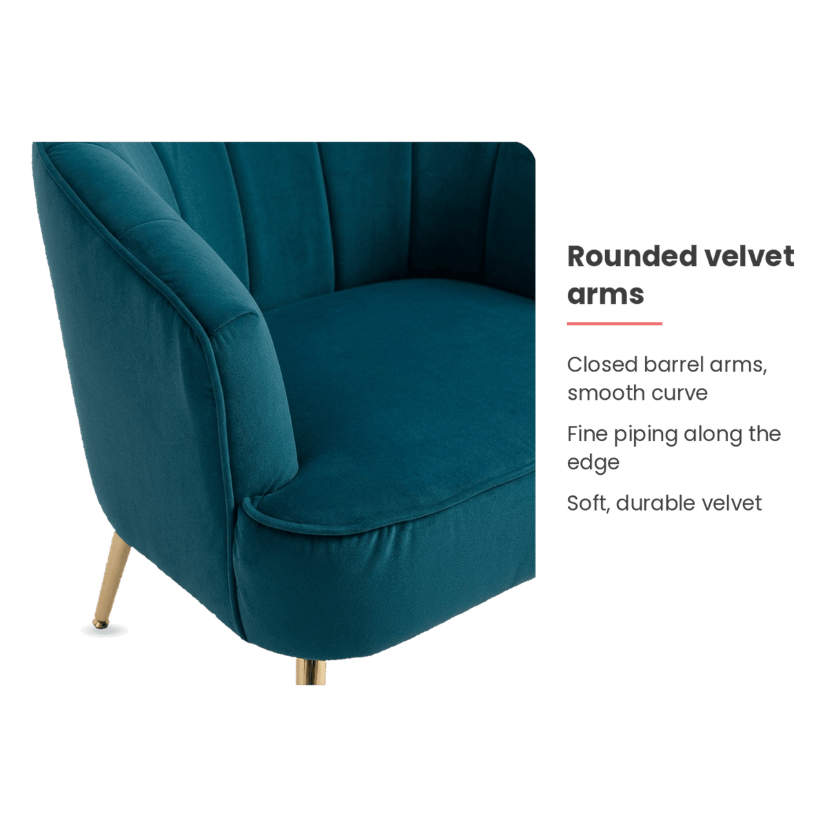 Velvet arm specification card for the teal velvet chair (feature callout)