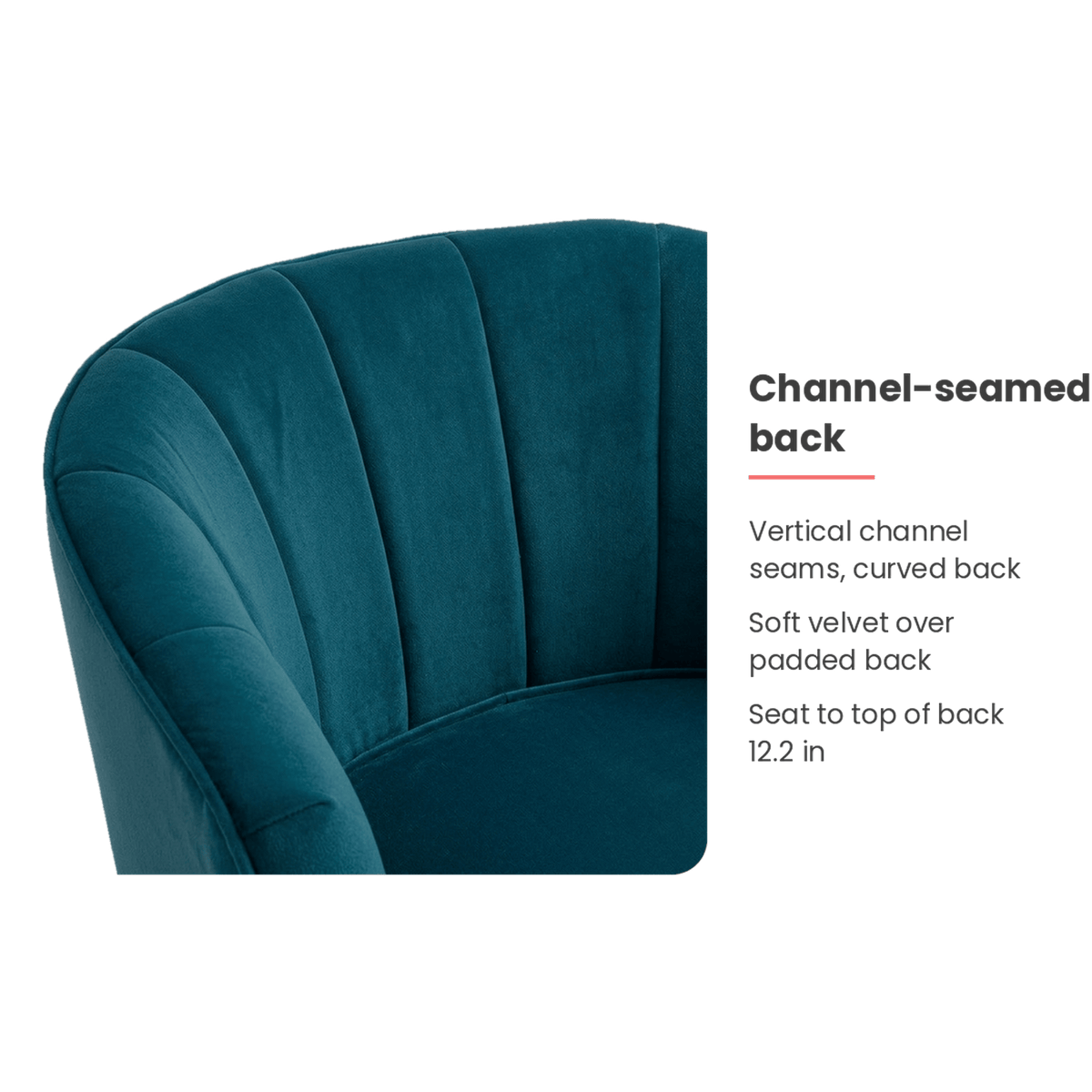 Channel back specification card for the teal velvet chair (feature callout)