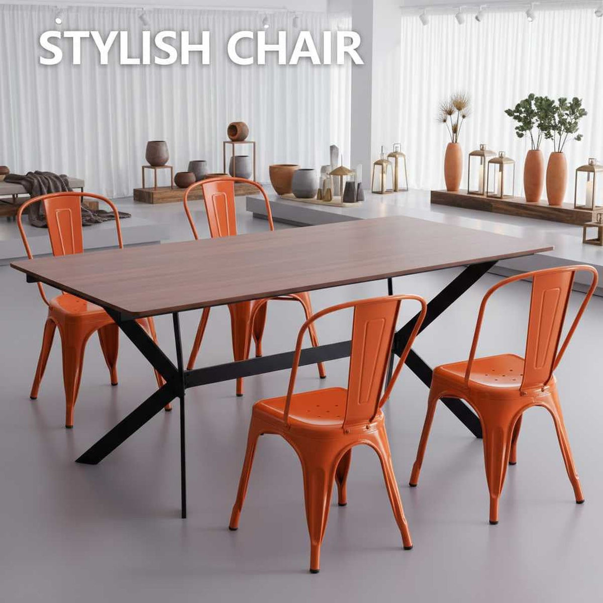 Vibrant rust metal dining chairs with stackable design around a wooden table in a modern industrial setting (feature callout)