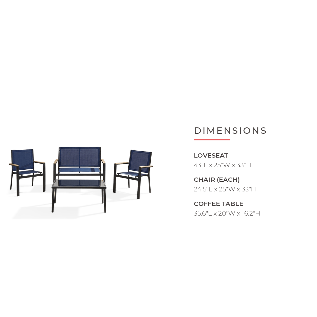 Textilene patio conversation set with glass-top table dimensions - loveseat 43x25x33 inch, chair 24.5x25x33 inch, coffee table 35.6x20x16.2 inch (dimensions)