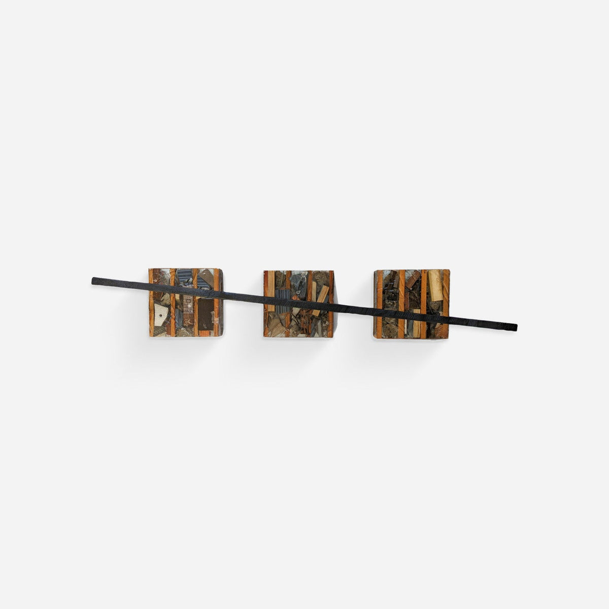 Three panel wood wall art, 48 inch debris sculpture, front view