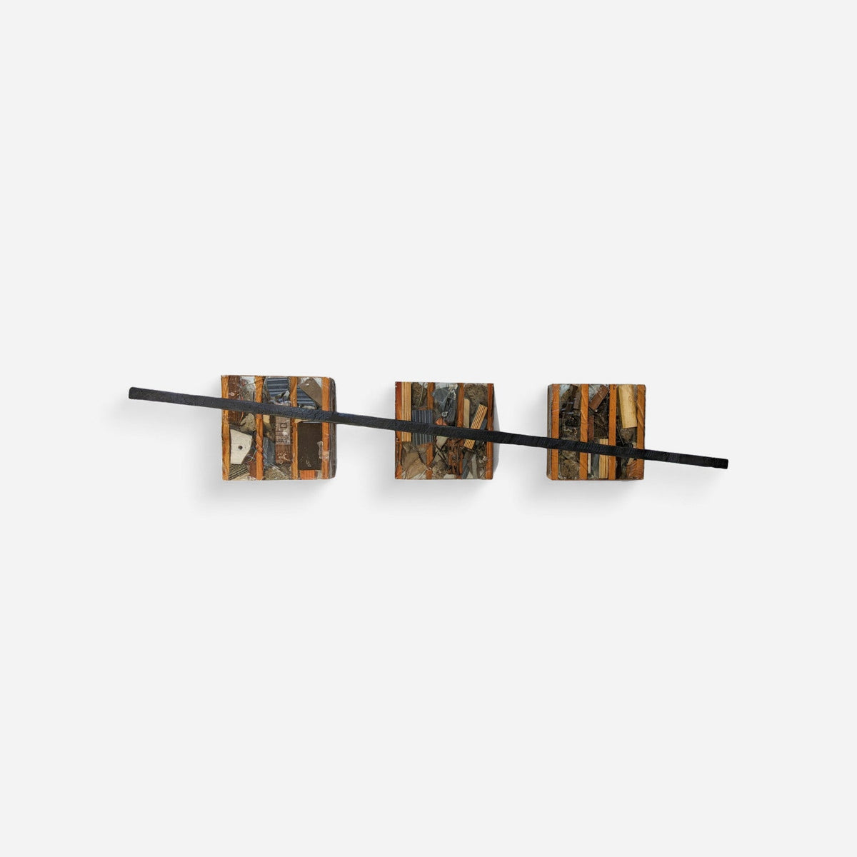 Three panel wood wall art, 48 inch debris sculpture, angled view