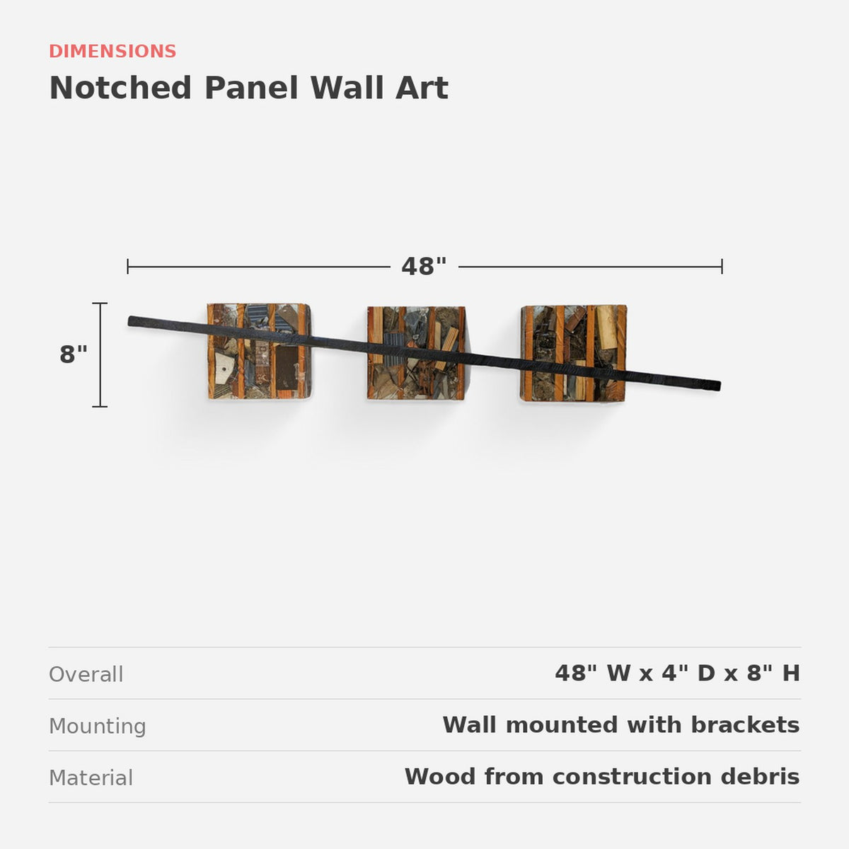 Three Panel Wood Wall Art, 48 Inch Debris Sculpture