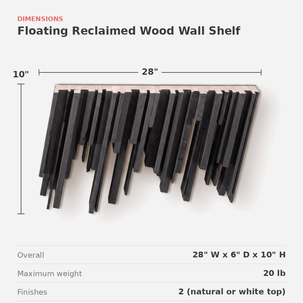 Torched Wood Floating Shelf, 28 Inch Black Slat Design