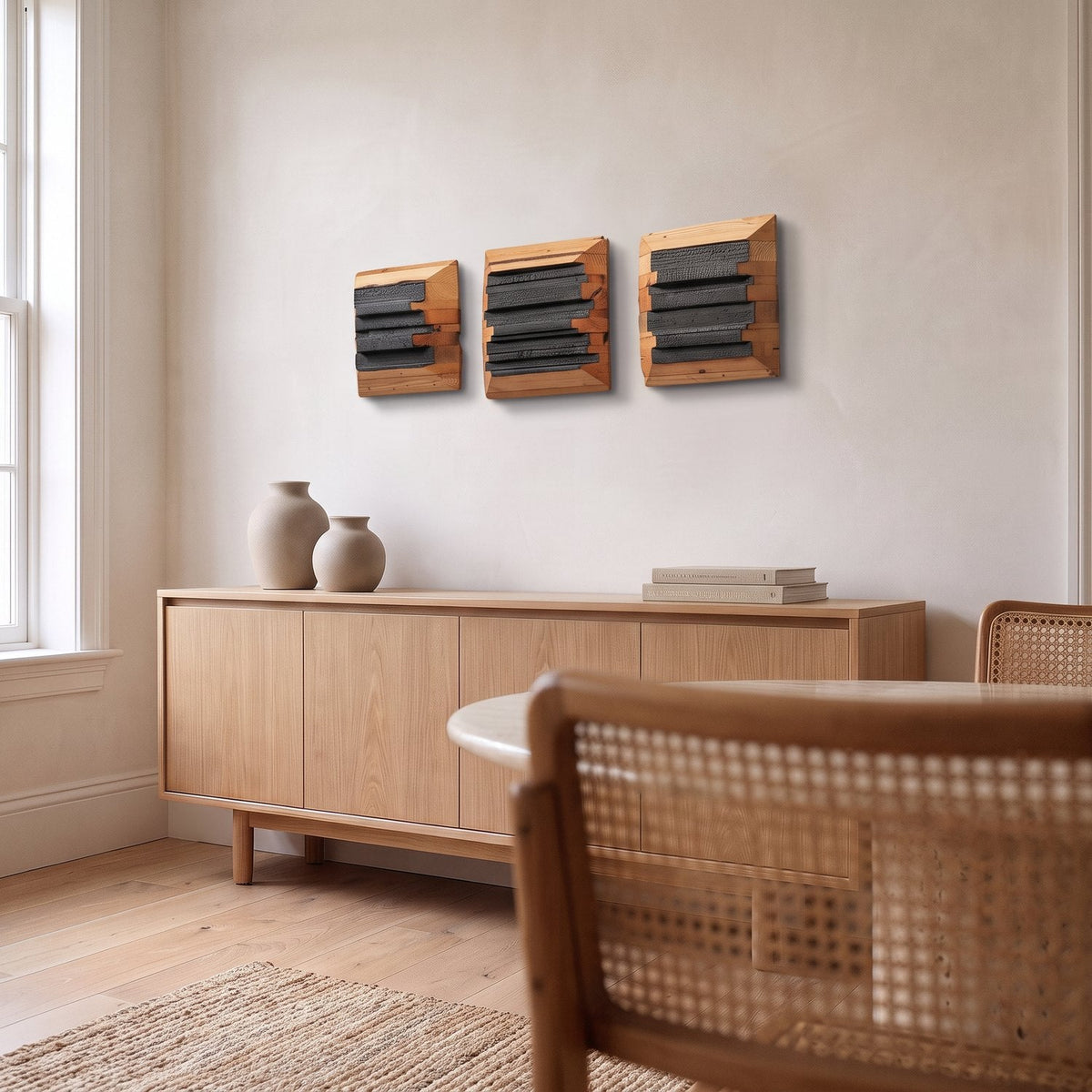 Triptych wall sculpture seen from the dining table side in a bright dining room