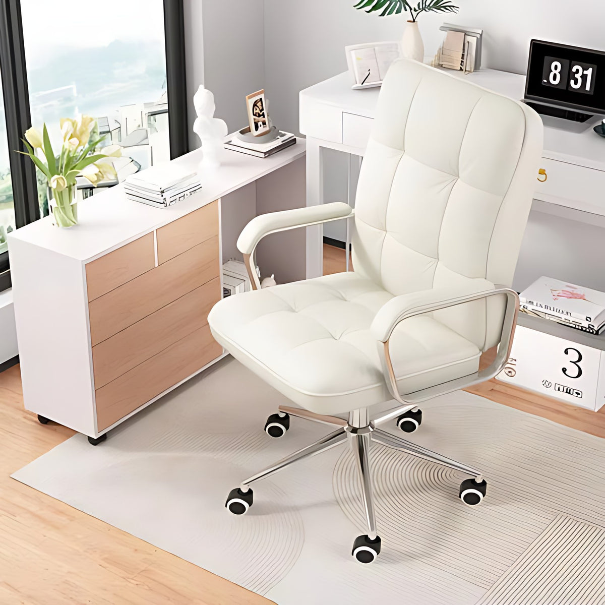 Leather Computer Desk Chair Swivel Ergonomic Office with sofa-like comfort, white PU leather and chrome base.
