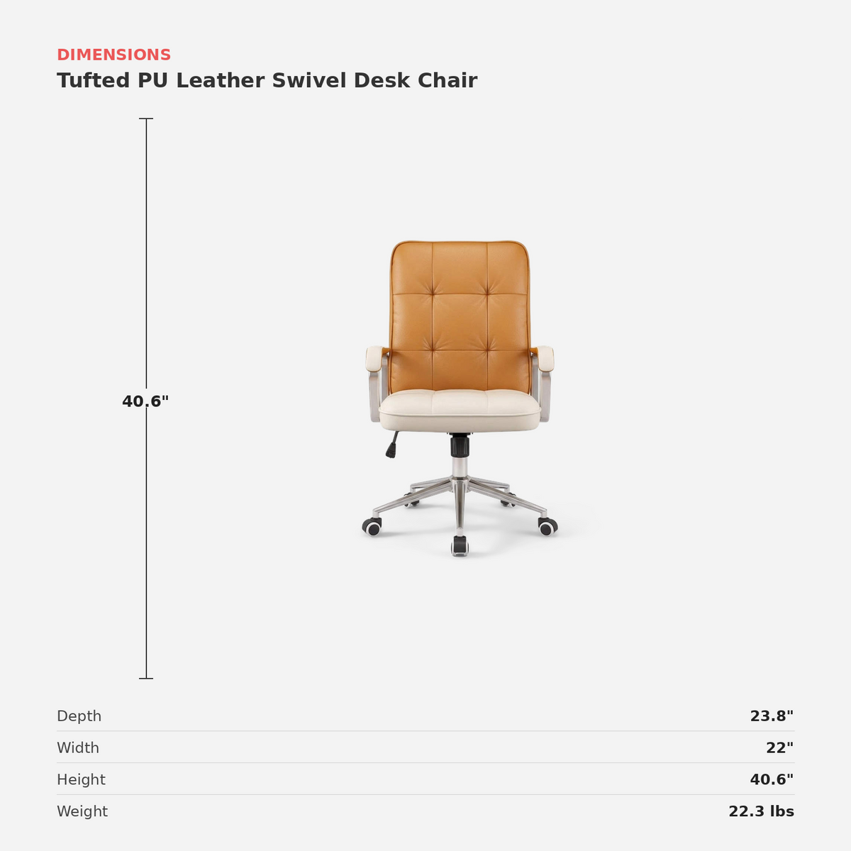 Tufted PU Leather Swivel Desk Chair dimensions (feature callout)