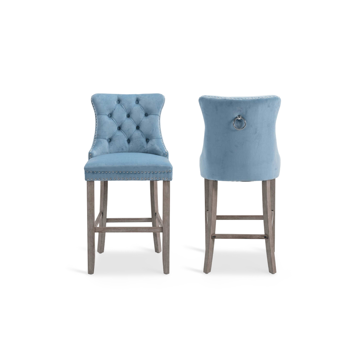 Tufted velvet counter stools in light blue, front and back, on a #f3f3f3 studio ground