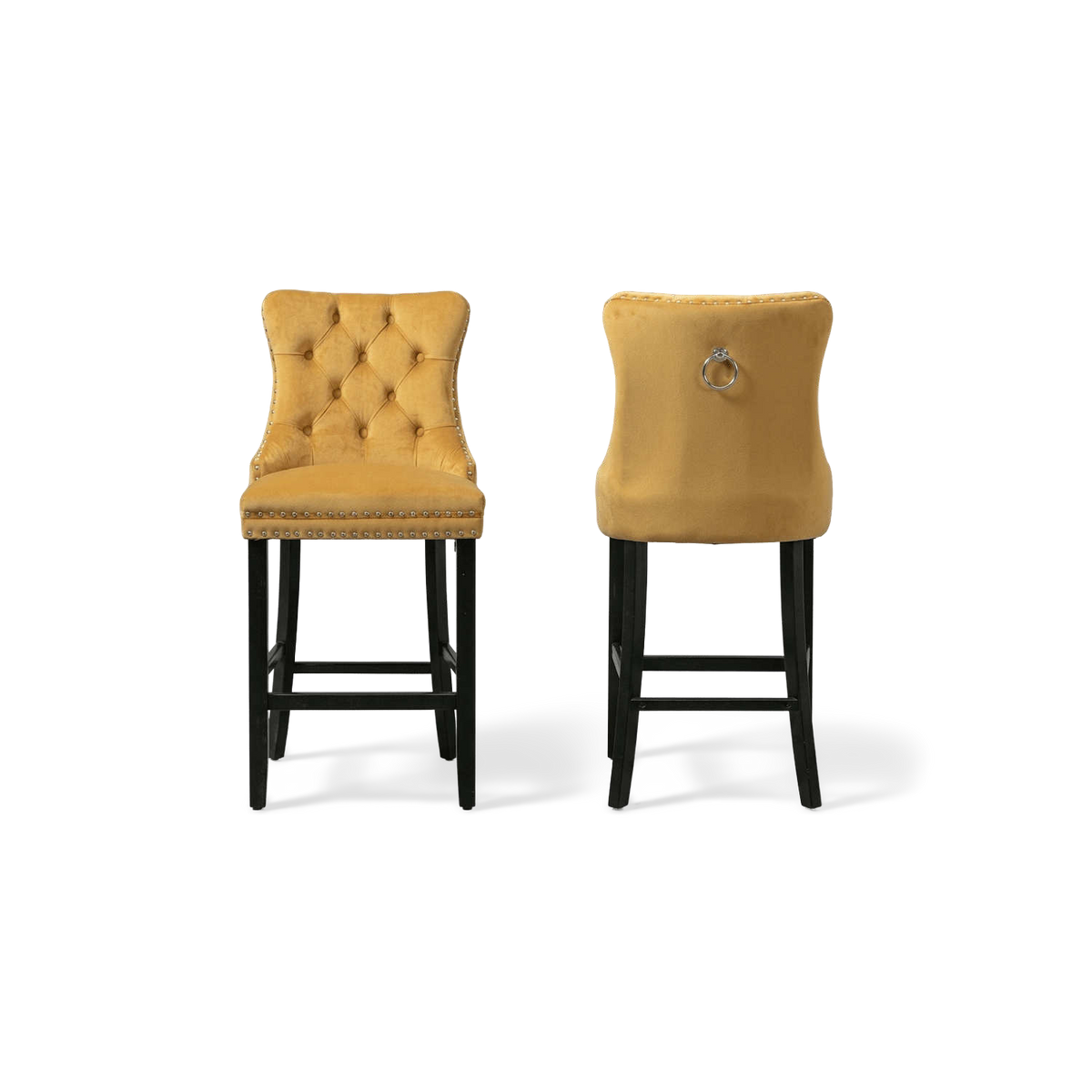 Golden velvet stools with black legs, front and back (plain studio)