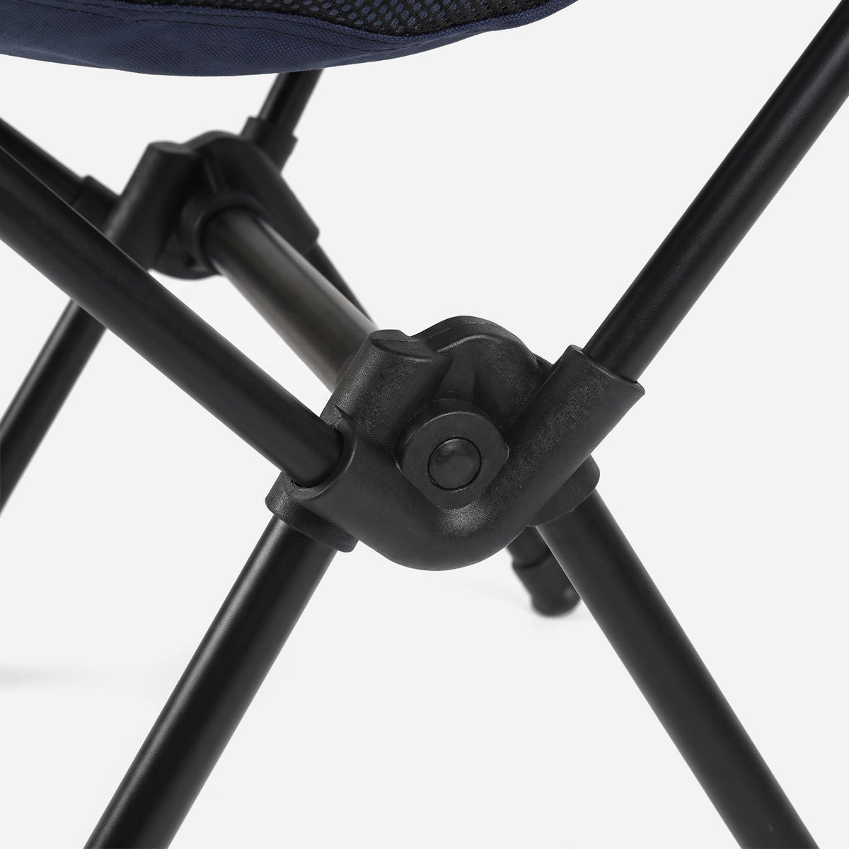 Black nylon hubs and crossbar joining the matte black poles (close-up detail)