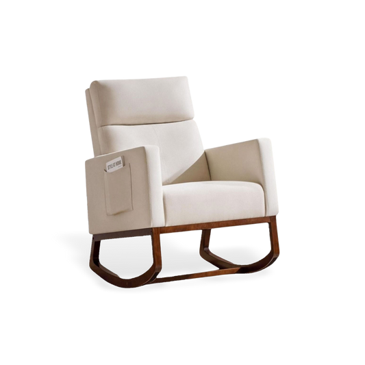Wood-base rocking chair with side storage pocket, shown in a cream fabric finish against a #f3f3f3 studio backdrop.