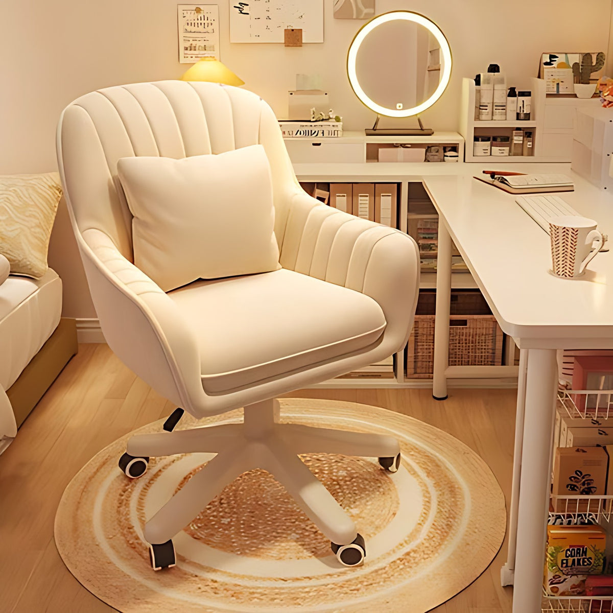 Velvet mid-back office chair with adjustable height, cushioned seat and curved back on a wheeled base in a home office.