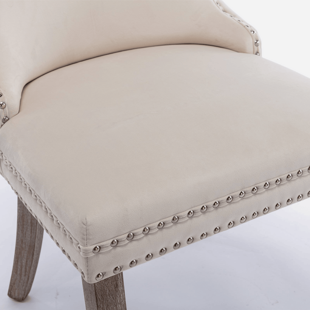 Silver nailhead trim along the velvet seat front of a dining chair (close-up detail)