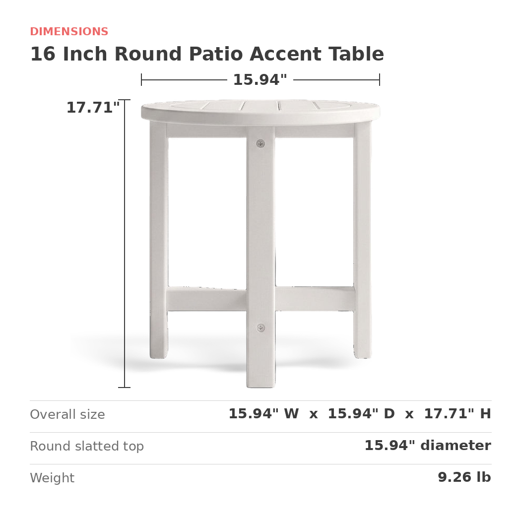 Dimensions of the Verde Luxe round patio accent table: 15.94 in. wide, 15.94 in. deep, 17.71 in. high