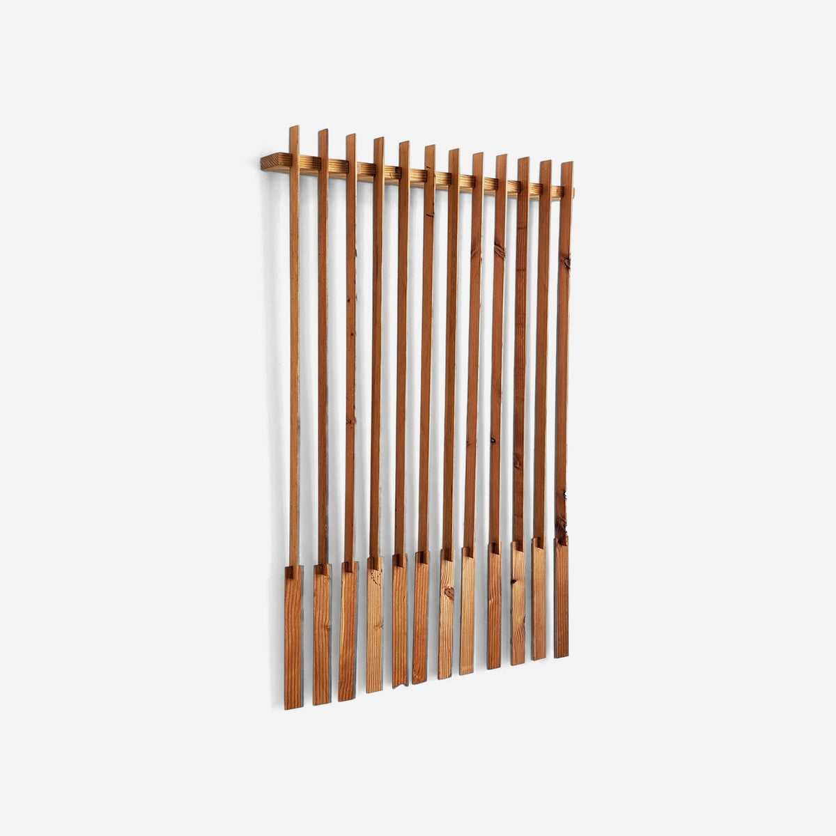 Vertical wood slat wall art, 48 inch floating sculpture, angled view