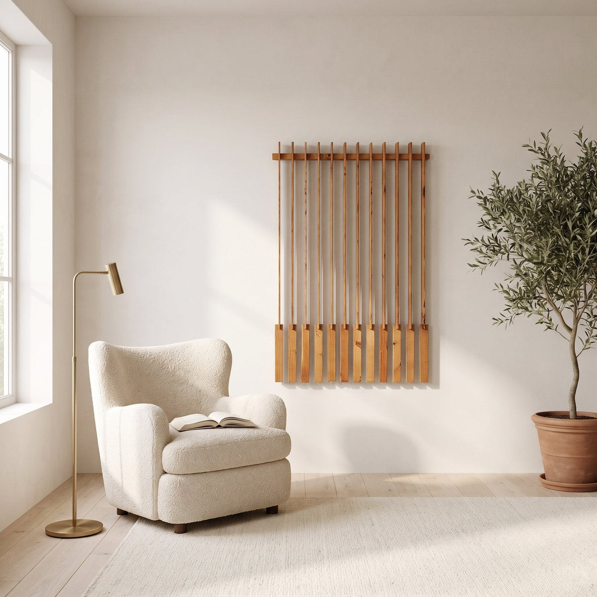 Vertical wood slat wall art hung in a hallway beside a console