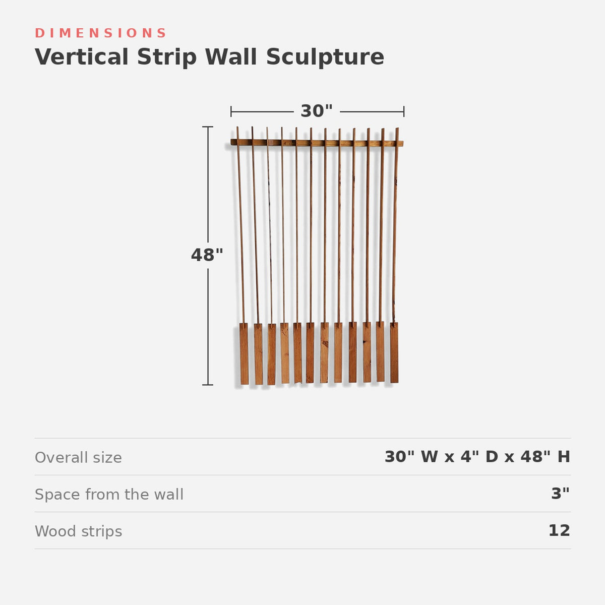 Vertical Wood Slat Wall Art, 48 Inch Floating Sculpture