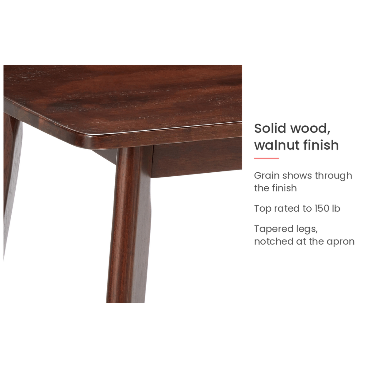 Spec card on the solid wood and walnut finish (feature callout)