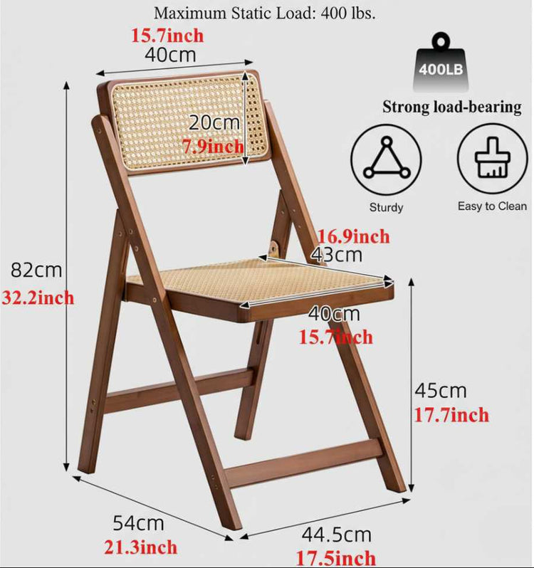 Rattan folding chair in walnut finish with woven seat and back, bamboo frame for indoor and outdoor dining dimensions.