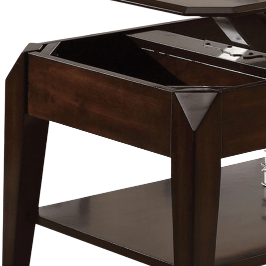 Close-up of a dark brown wooden storage table with a lift-top design, showing the open compartment and lower shelf against a white background.