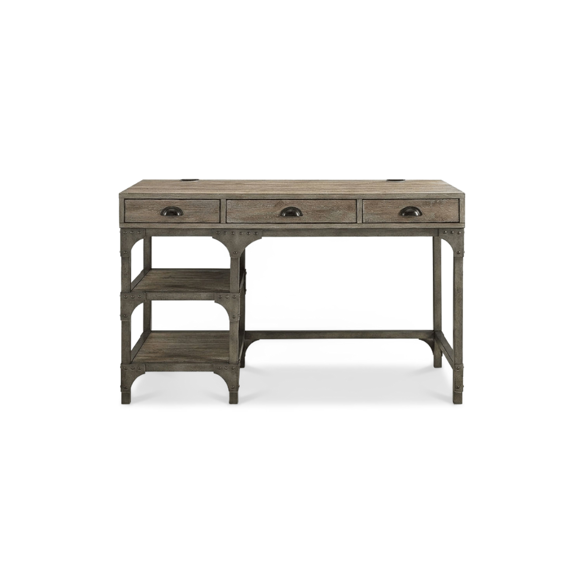 Weathered oak writing desk with three drawers and open shelves on a plain #f3f3f3 studio ground