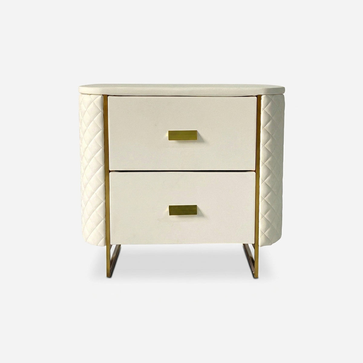 White and gold nightstand with quilted side panels, two ivory drawers and a gold sled base, straight front view