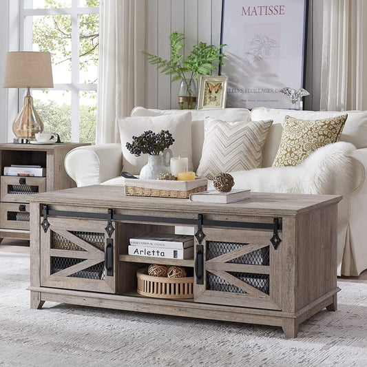 White And Oak Side Table With Storage & Sliding Barn Doors