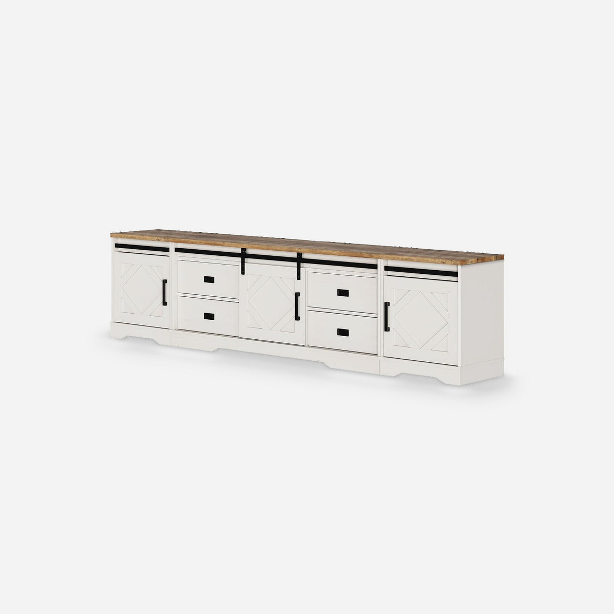 Distressed white farmhouse TV stand in three pieces with a sliding barn door and four drawers, three-quarter view