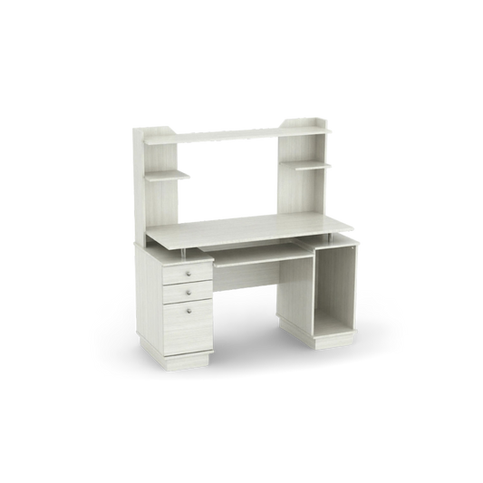 White computer desk with hutch shown at an angle, with hutch shelves, keyboard tray and storage side