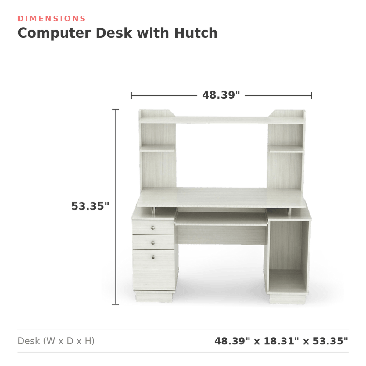 Measurements card: 48.39 inches wide by 18.31 deep by 53.35 high (dimensions)