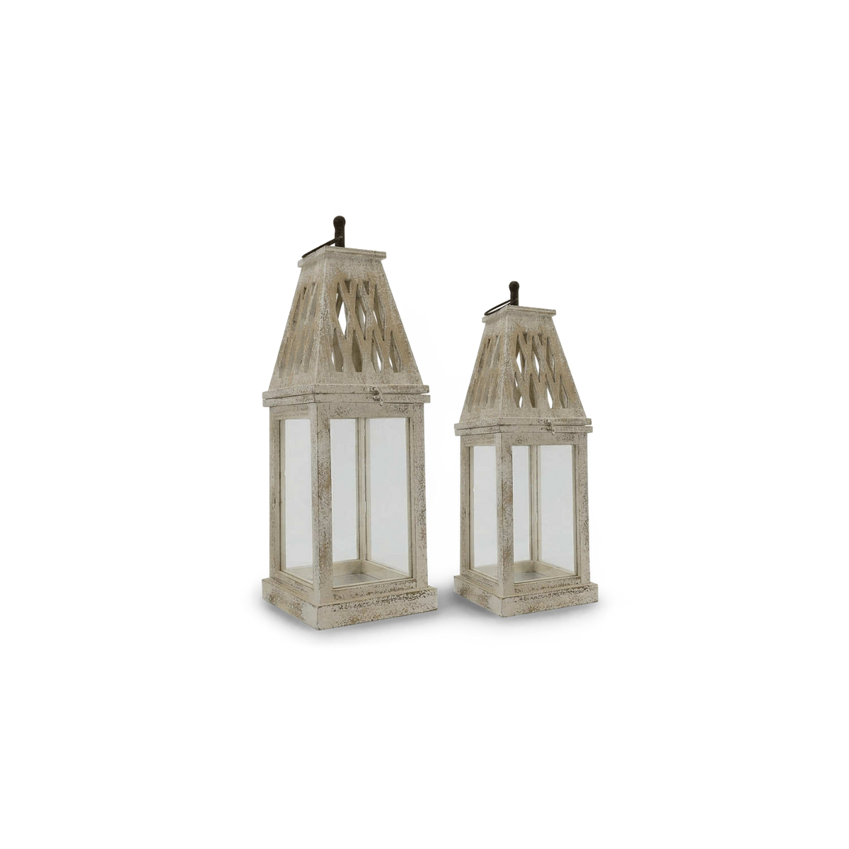 White wood lanterns in weathered fir and clear glass, set of two, angled view on a #f3f3f3 ground (plain studio)