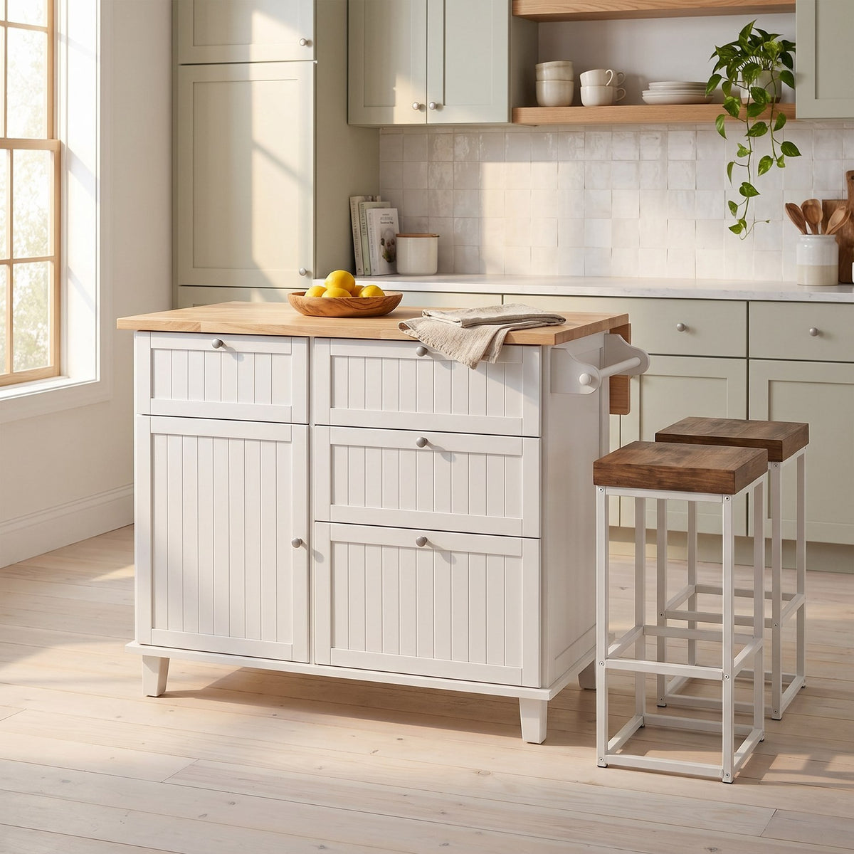 White kitchen island with drop leaf and two stools in a sage green cottage kitchen with a bowl of lemons