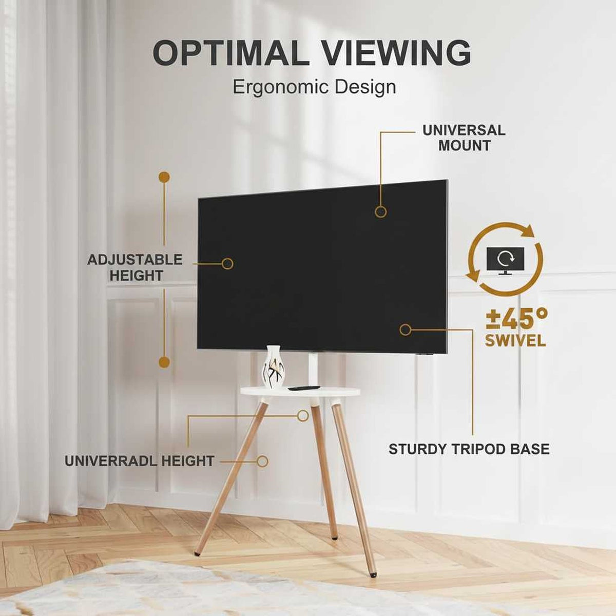 Durable tripod TV stand for 40-65 inch TVs, white swivel wooden tray, height adjustable, sturdy base (feature callout)